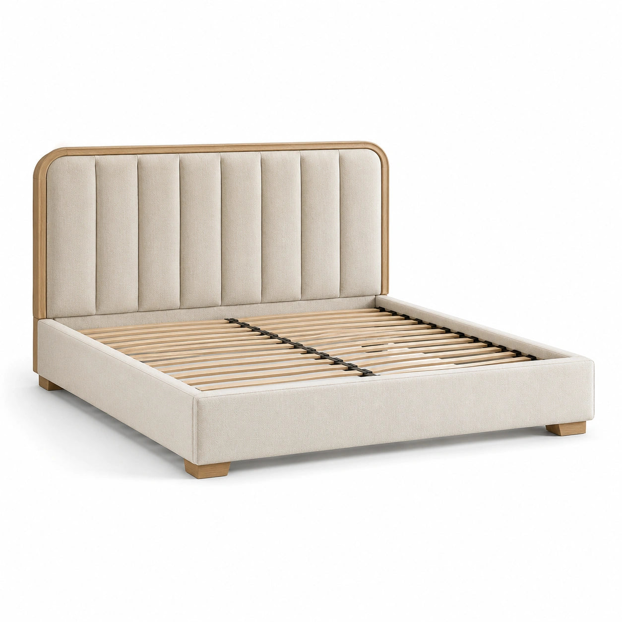 Lit double rembourré beige et chêne clair 160 × 200 cm avec tête de lit et sommier à lattes