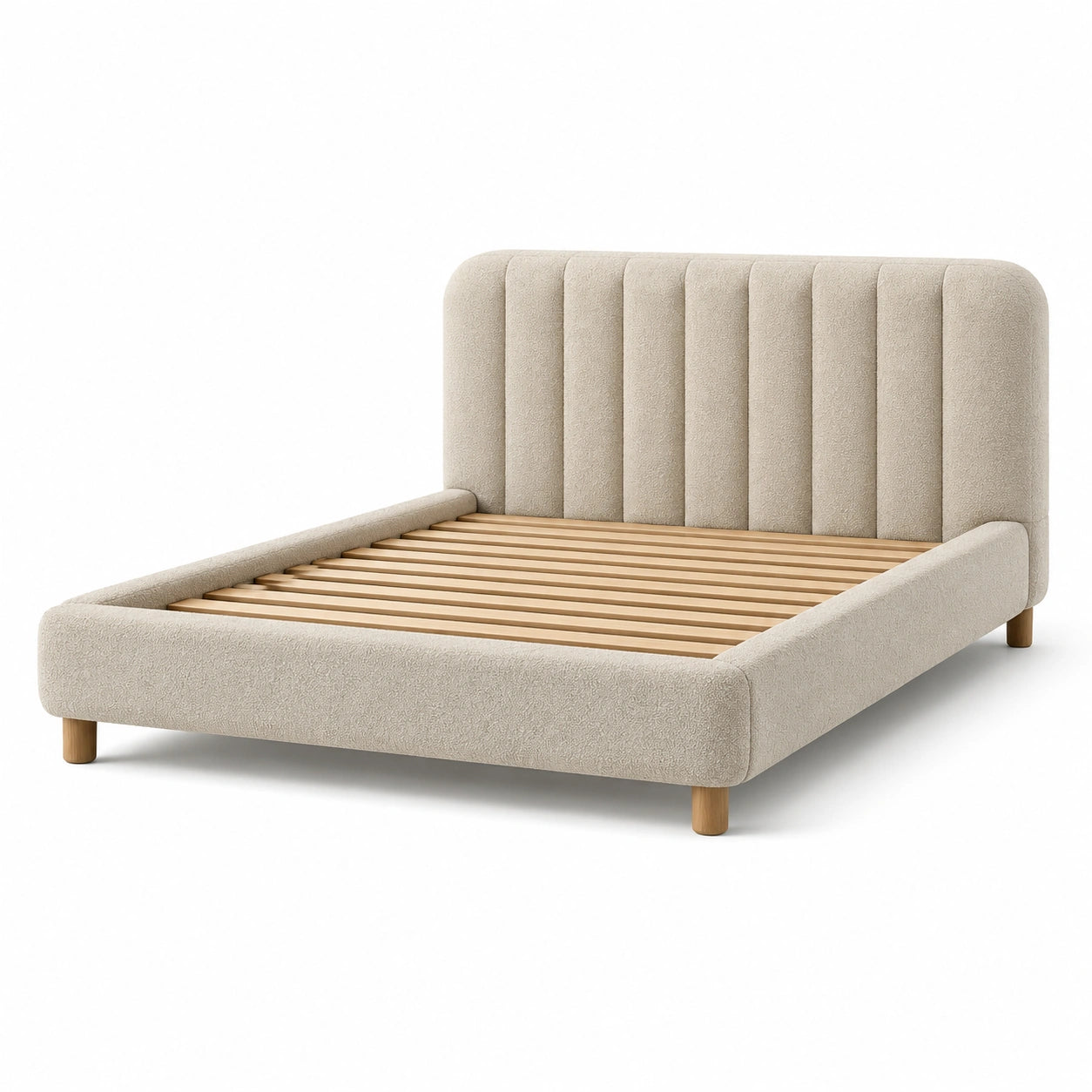 Lit double bouclé beige avec tête de lit matelassée et sommier à lattes, 160 × 200 cm