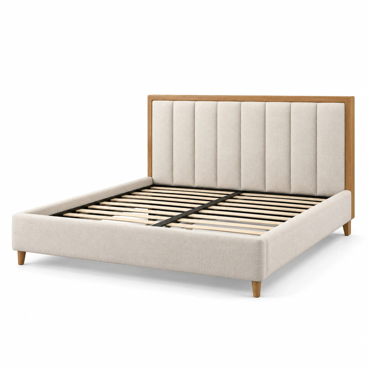 Lit double rembourré beige et bois naturel 170 × 216 × 112 cm pour matelas 160 × 200 cm