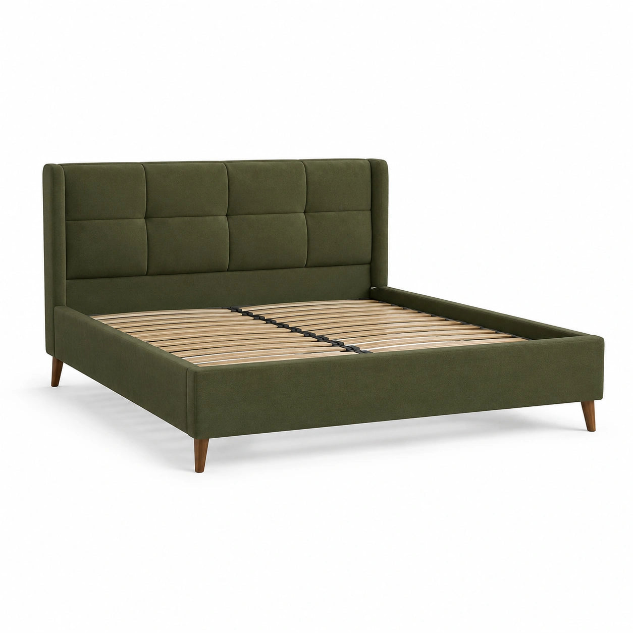 Lit double rembourré vert olive 160 × 200 cm avec tête de lit capitonnée et sommier à lattes