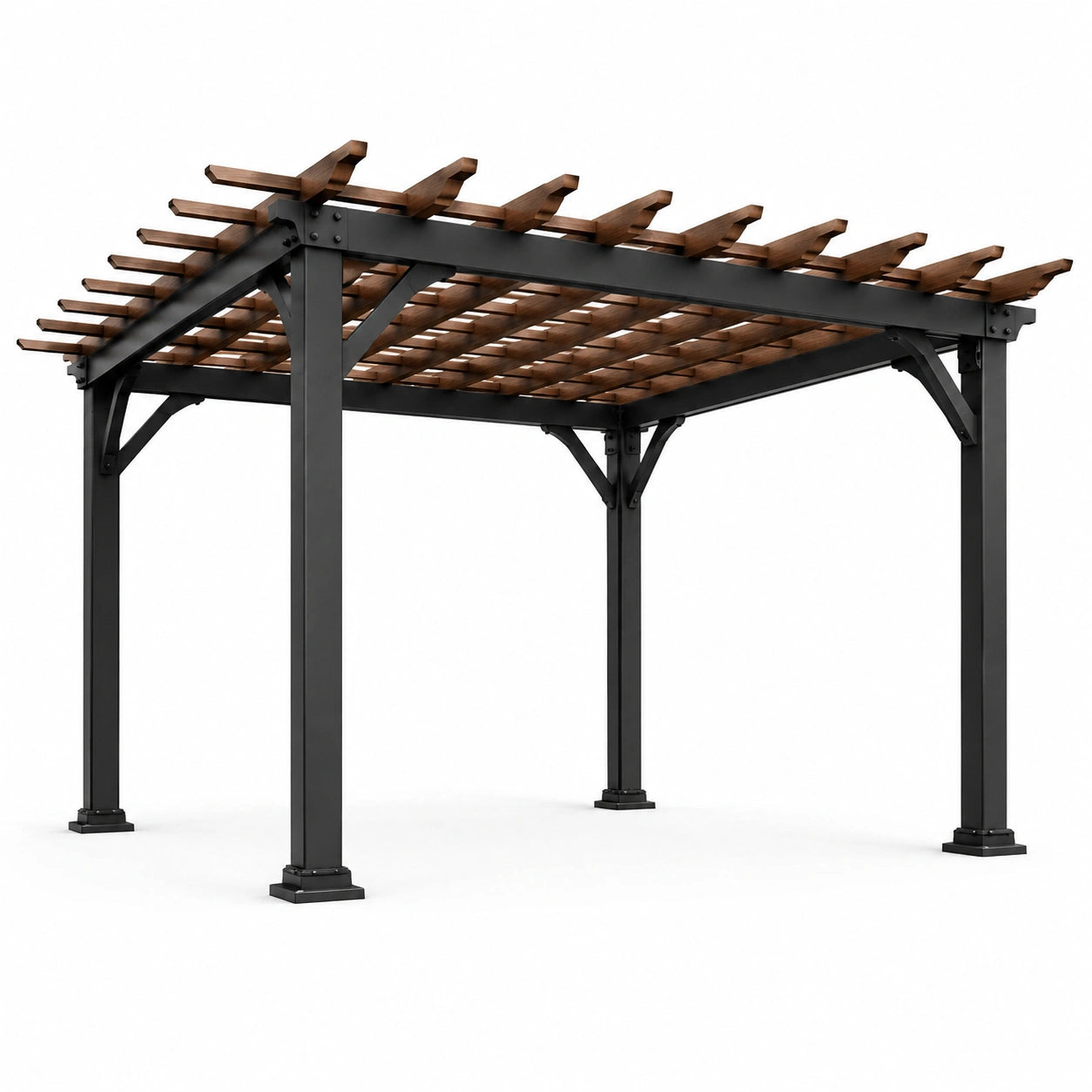 Pergola de jardin autoportante en métal noir et bois brun avec toit à lames ajourées, 300 × 300 × 250 cm